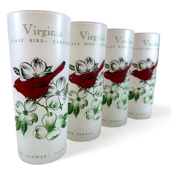 Vintage Anchor Hocking Virginia State Bird and Flower Frosted Glasses, Set of 4 - Picture 8 of 11